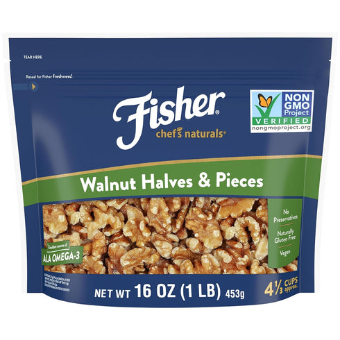Fisher Chef's Naturals Walnut Halves & Pieces, 1 lb, 100% California Unsalted Walnuts for Baking & Cooking