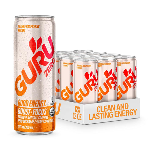 GURU Zero Sugar Energy Drink,Orange Raspberry Sorbet Organic Sparkling Energy Drink with