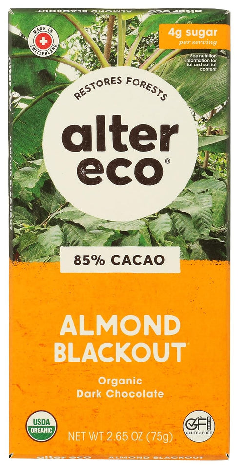 Alter Eco Organic Dark Chocolate Bar, Almond Blackout, 85% Cacao, 2.65 oz