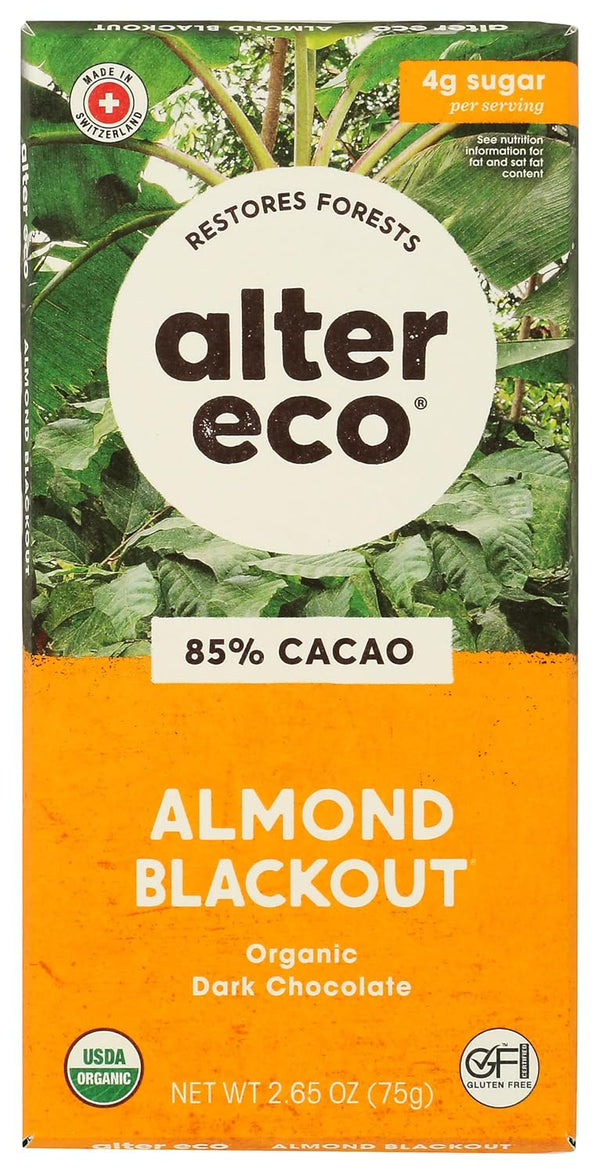 Alter Eco Organic Dark Chocolate Bar, Almond Blackout, 85% Cacao, 2.65 oz