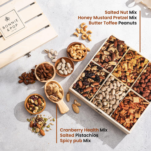 Nut Gift Basket, in Reusable Wooden Crate, Healthy Gift Option, Gourmet Snack Food Box, with Unique Flavors, Great