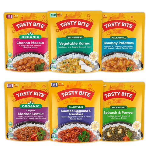 Tasty Bite Variety, Pack of 6, Bombay Potatoes, Kashmir Spinach, Punjab Eggplant,
