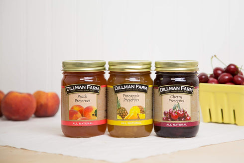 Pack (6 pack)| Dillman Farm Refreshing Preserves Variety Apricot Preserves, Cherry Preserves, Peach Preserves