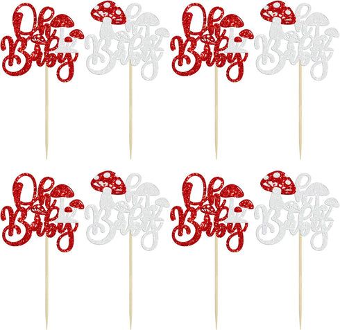Ephlyn 24Pcs Mushroom Oh Baby Cupcake Toppers Glitter Mushroom Baby Shower Cake Topper Decorations for Spring Mushroom