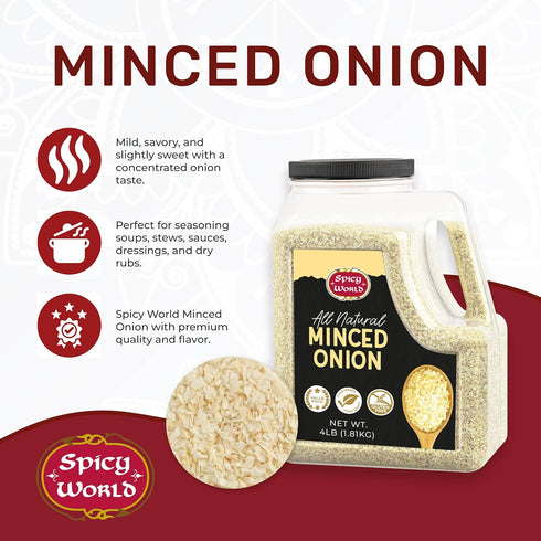 Spicy World 4 LB Minced Onion Jar Gluten Free, Bulk Dehydrated Chopped Onions for Cooking, Dried Onion Flakes, Non-GMO