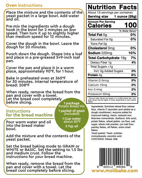 Pack 4 12 oz Molibake Potato Bread Mix - of - All-Natural Baking Mix for Bread Machine and Oven - - Mix for Bread