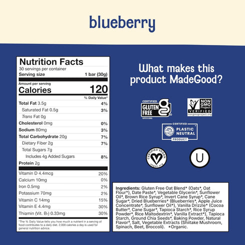 1.06 Oz (30 Count) MadeGood Mornings Soft Baked Breakfast Bars, Blueberry, Gluten Free Snacks