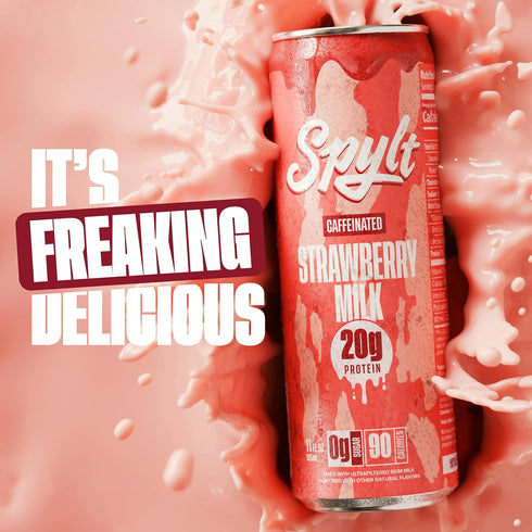 60mg 20g 90 12 Count Spylt High Protein Strawberry Milk with Caffeine & Protein - Calories, Ready to Drink, Sugar Free