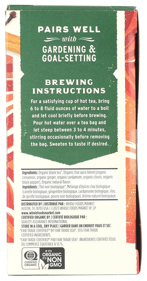 20 Count Whole Foods Market, Organic Spiced Chai Black Tea