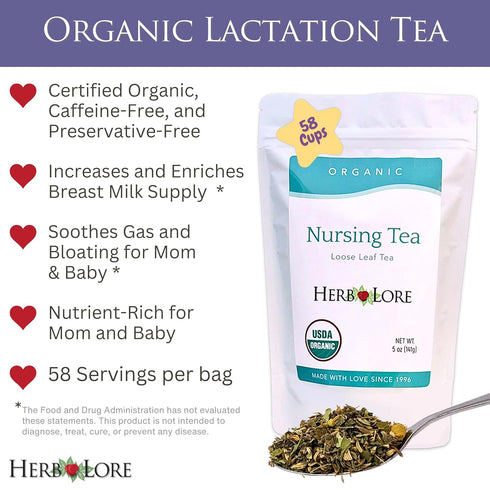 Herb Lore 58 Organic Nursing Tea - Servings - Loose Leaf - Fenugreek Free Lactation Tea with Moringa for Breastfeeding