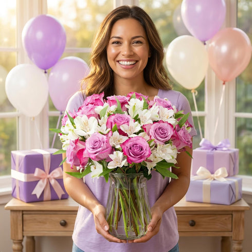 Benchmark Bouquets - Delightful Roses & Alstroemeria (Glass Vase Included) - Fresh Flowers for Delivery - Gift