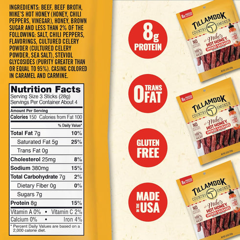 Country 3.6 Tillamook Smoker Beef Smoked Sausages, Mike's Hot Honey, Ounce, Real Hardwood Smoked Sausages, Low Carb