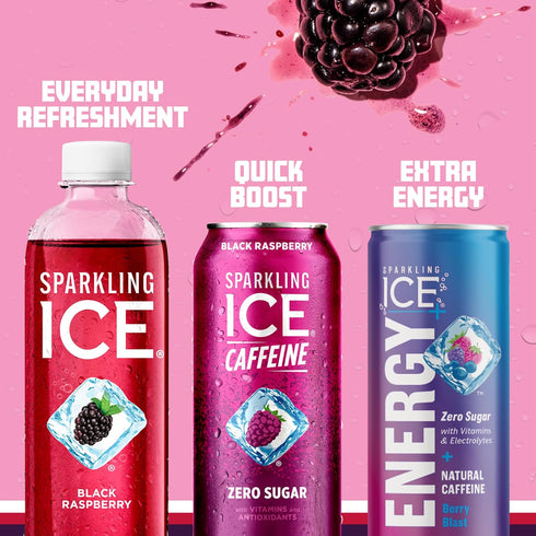 Vitamins,4/16oz Sparkling Ice Caffeine, Black Raspberry Sparkling Water with Caffeine, Zero Sugar, with Antioxidants