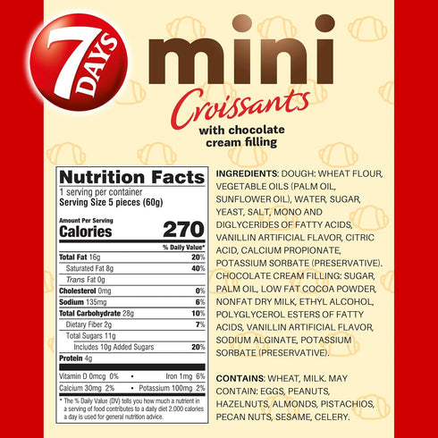 7Days (2.12oz, Pack 10) Mini Croissant Pouches, Chocolate Filling, Individual Size Snack Bag, On the Go Bakery Snacks
