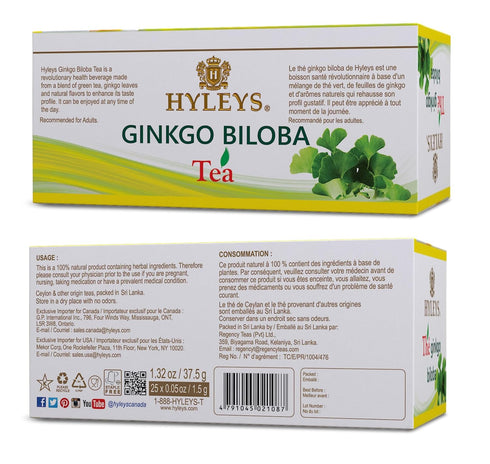 Hyleys Ginkgo Biloba Green Tea, Brain Support Blend with Citrus, 100% Natural, 25 Tea Bags