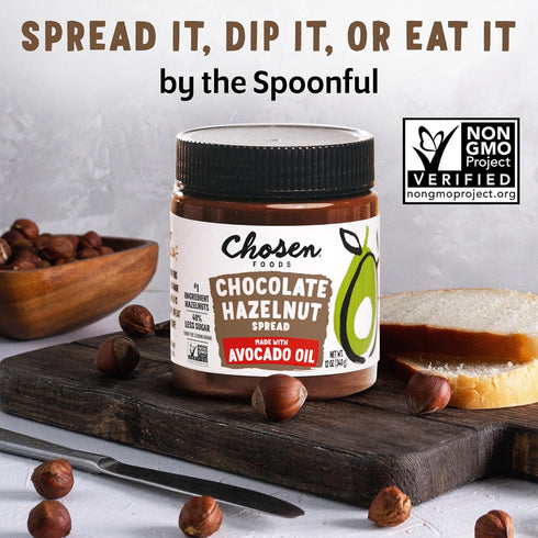 100% 40% Oil,12 oz 2-Pack Chosen Foods Chocolate Hazelnut Spread - Made with Pure Avocado Oil, Simple Ingredients, Less