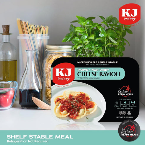 (1 Pack) KJ Poultry Kosher Parve Ready Meals - Cheese Ravioli in Tomato Sauce, MRE Meals Ready to Eat, Halal, Prepared