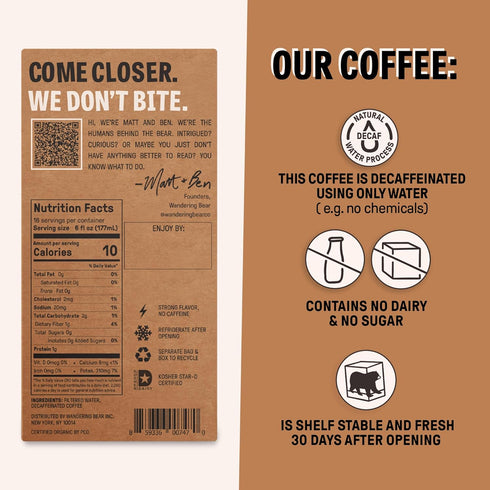 16 6fl.oz 96fl.oz Wandering Bear Decaf Cold Brew Coffee On Tap, Iced Coffee Drink - Bold, Smooth, No Sugar Added