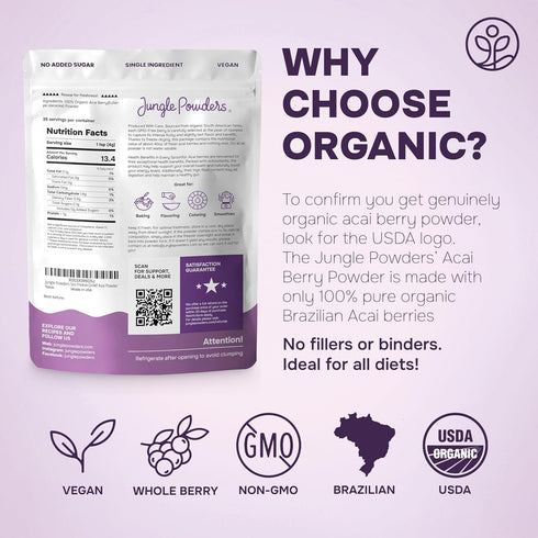 5 Jungle Powders Organic Acai Powder Ounce Bag Freeze Dried Acai Berry Powder from Whole Berries, Antioxidant-Rich Acai