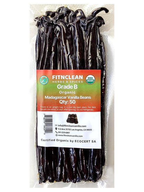 50 5"-7" Madagascar Organic Vanilla Beans Grade B. Certified USDA Organic. by FITNCLEAN VANILLA for extract, Cooking