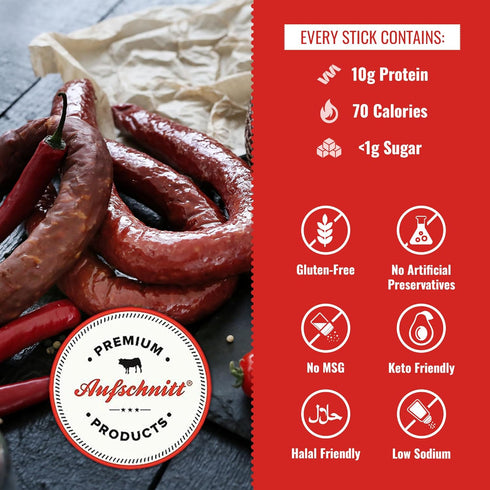 Aufschnitt Grass Fed Beef Jerky Sticks - Low Sodium, Certified Kosher - Made in USA - Keto & Halal Friendly 6 Pack