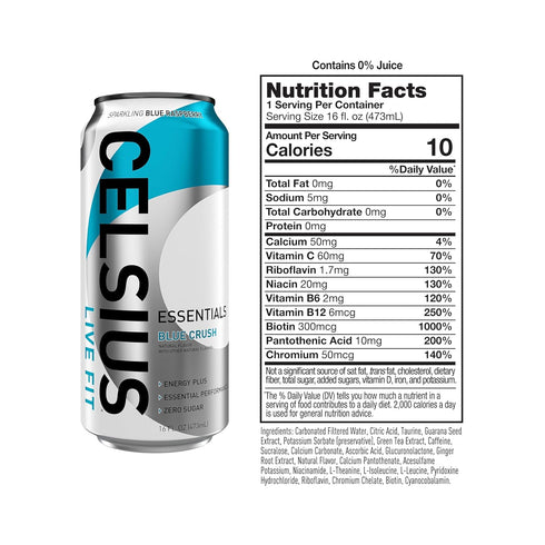16 Oz (Pack 12) CELSIUS ESSENTIALS Sparkling Blue Crush, Sugar Free Performance Energy Drink, Fl