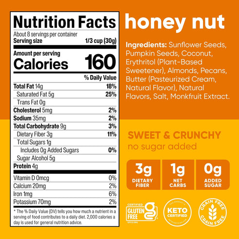 8 oz. 1 Count NuTrail Nut Granola Cereal, Honey Nut, No Sugar Added, Keto, Low Carb, Gluten Free, Grain Free, Healthy