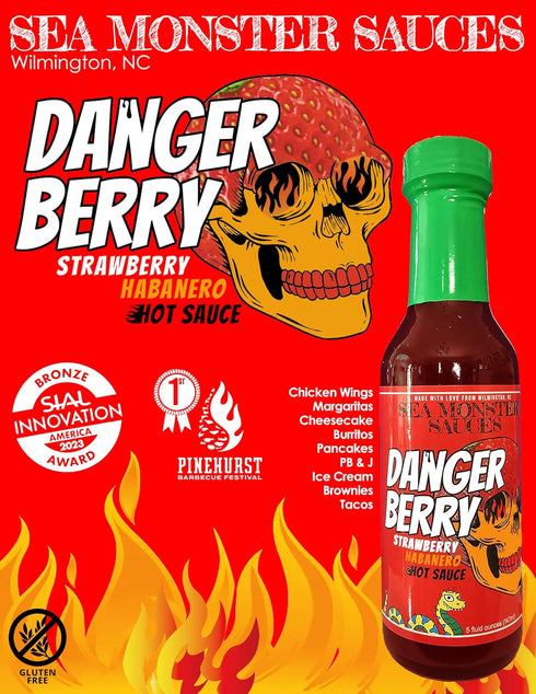Sea Monster Sauces 1 1 1 Sampler - Bottle Surfer Slappin! Sauce - Bottle Danger Berry - Bottle Lift Up Hot Sauce