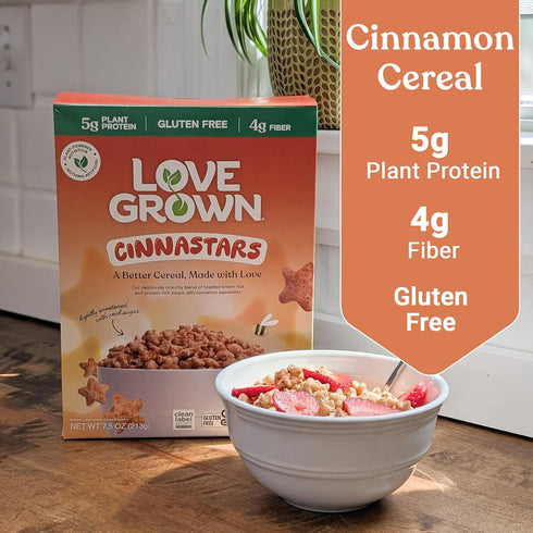 6g 2 Pack, 7.5oz Love Grown Gluten-Free Bean Stars Cereal - Plant-Based, Vegan, Non-GMO Certified - Added Sugar, High