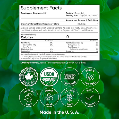 4-in-1 (30 Brain Tea Focus & Memory - Brain Tea Organic Certified Nootropic Herbal Supplement with Ginkgo Biloba, Gotu