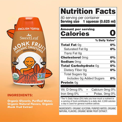 1.7 Oz SweetLeaf English Toffee Liquid Monk Fruit - Monk Fruit Liquid Sweetener Drops, Organic Monk Fruit Extract, Zero