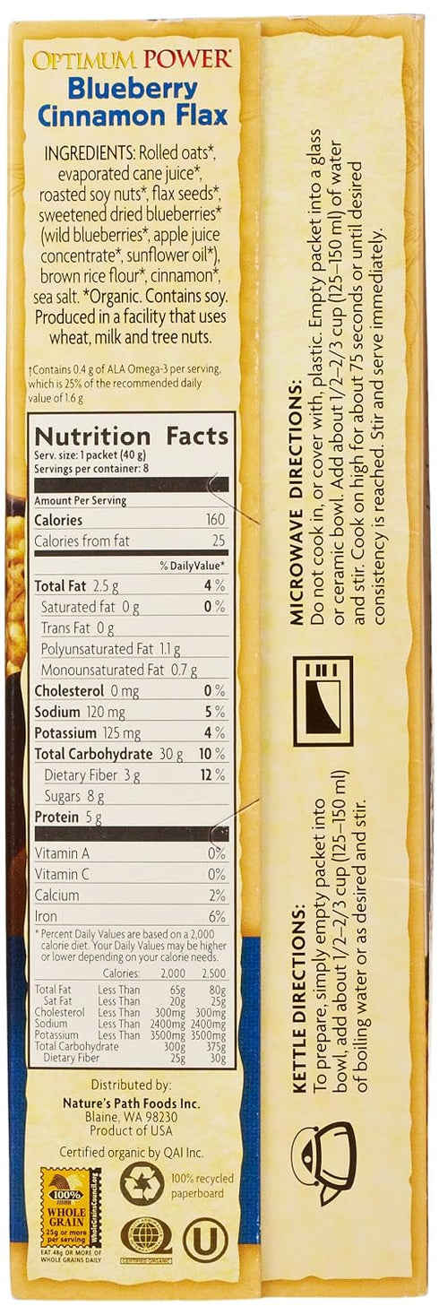 8 Count Nature's Path Organic Instant Hot Oatmeal, Optimum Power, Blueberry Cinnamon Flax