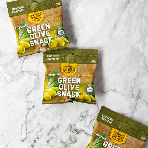 1.1 Oz (Pack 24) Organic Green Pitted Olive Snack by Natures Greatest Foods Ready to Eat, Freshly Seasoned, Low Calorie