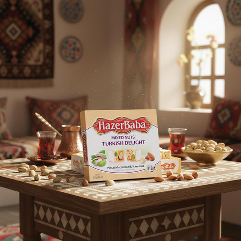 8.8oz (Pack 1), Hazer Baba Turkish Delight Candy with Pistachio, Almond & Hazelnut, of Gourmet Snack Box, Traditional