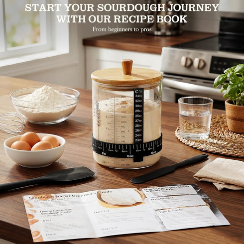 50oz 1 Pack SheeChung Sourdough Starter Jar, Wide Mouth Sourdough Jar Glass, Bamboo Lid, Cloth Cover, Date Tracker