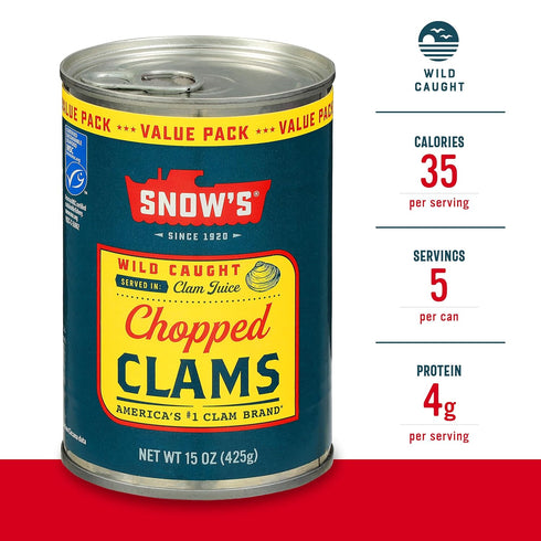 15 oz (Pack 12) 4g 99% Snow's Wild Caught Chopped Clams Canned, Can of - Served in Clam Juice - Protein Per Serving