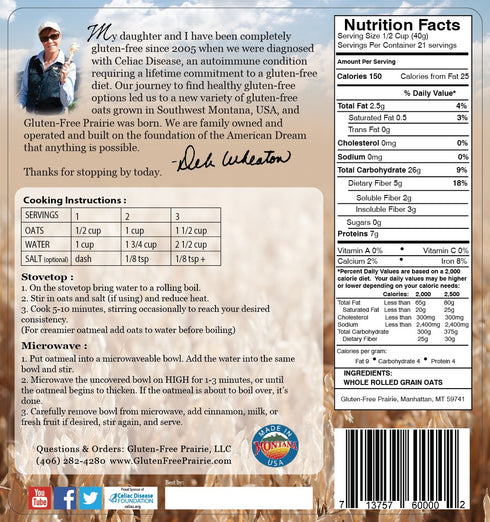 3 Gluten-Free Prairie Oatmeal, Certified Gluten Free Purity Protocol, Non-GMO, Vegan, Pounds