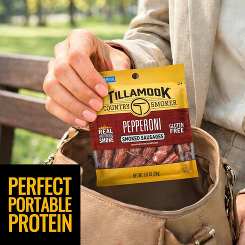 Country 0.9 oz, 24 Count, Protein-Packed, Tillamook Smoker Pepperoni Smoked Sausages, Made with Beef & Pork, Real