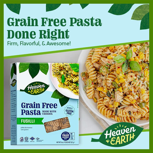 8oz (3 Pack) Heaven & Earth Grain Free Pasta, Cassava Fusilli Pasta, | Paleo Pasta | Vegan | Certified Gluten Free |