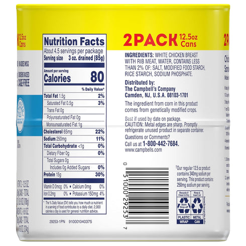 25% 12.5 OZ (2 Pack) Swanson Less Sodium White Premium Chunk Canned Chicken Breast in Water, Can