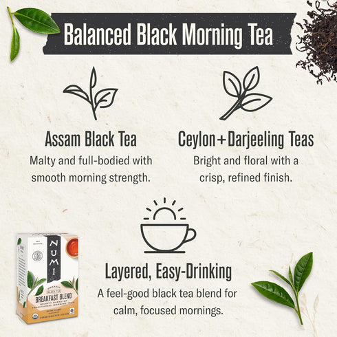 100 Numi Organic Breakfast Blend Tea | Black Tea Bags | Assam, Ceylon & Darjeeling Black Teas | Caffeinated