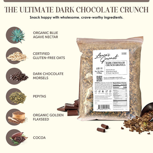 2 lb, Laura's Gourmet Granola Dark Chocolate Crunch, Gluten-Free Oats, Vegan, Dairy & Soy Free Snack, Organic Agave