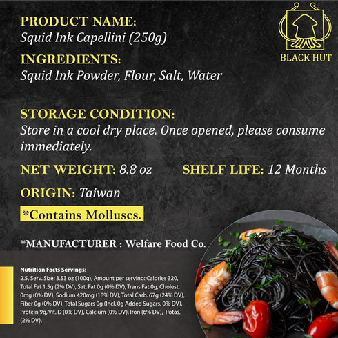 Black Hut Squid Ink Pasta - 8.8oz/250g, Natural Ingredients, Skinny Capellini, Spaghetti for Seafood Pasta