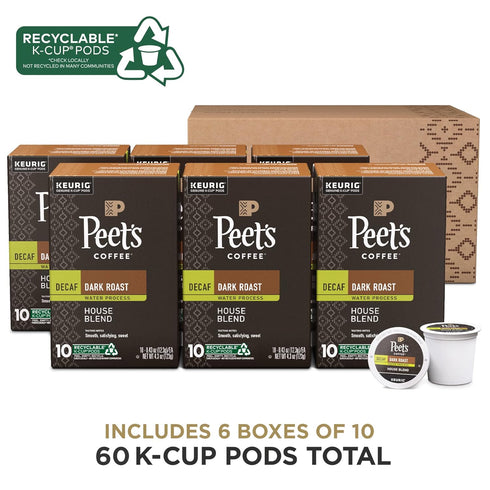 60 Count (6 10 Peet's Coffee, Dark Roast Decaf Keurig K-Cup Pods, Decaffeinated Arabica Coffee - Decaf House Blend