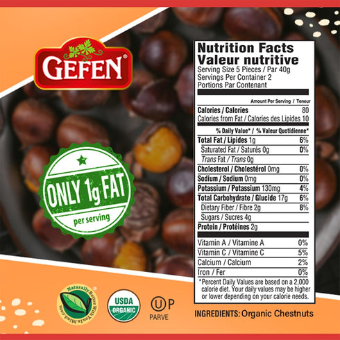 3oz Gefen Organic Whole Peeled and Roasted Chestnuts Bag | Peeled and Ready to Eat | Great For Cooking & Baking |