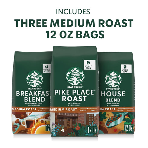 Pack, 12 oz Starbucks Whole Coffee Beans, Medium Roast Hot or Iced Coffee, Variety Three Bags