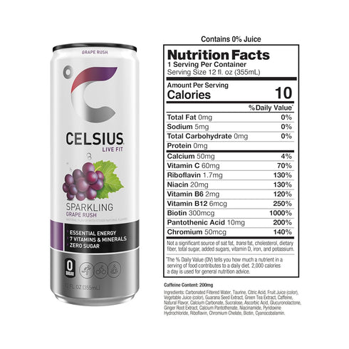 12 Oz (Pack 12) CELSIUS Sparkling Grape Rush, Sugar Free Energy Drink, Fl