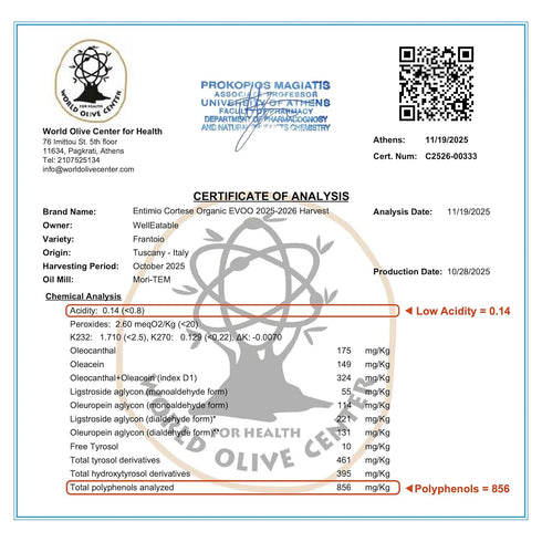 800+ 2025 8.5 oz Entimio Cortese Organic Italian Extra Virgin Olive Oil from Italy, mg/kg High in Polyphenols, Gold