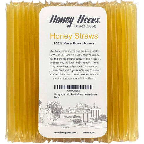 Honey Acres' Raw Unfiltered Honey Straws - USA Honey Sticks (Clover, 50