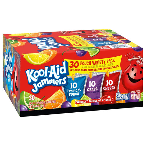 Jammers 0% Pack, 30 6 oz Kool-Aid Tropical Punch, Grape & Cherry Flavored Juice Drink Variety ct Box, fl Pouches
